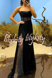 Essie Satin Rhinestone Patchwork Twist Waist Strapless Slit Maxi Dress