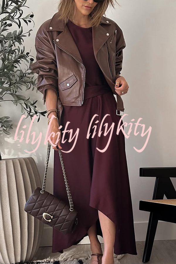 Fashion Lapel Long Sleeve Casual Zipper Pocket Leather Jacket