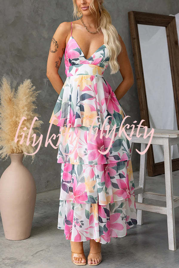 Dreamy Destiny Floral Print Elastic Back Tiered Maxi Dress