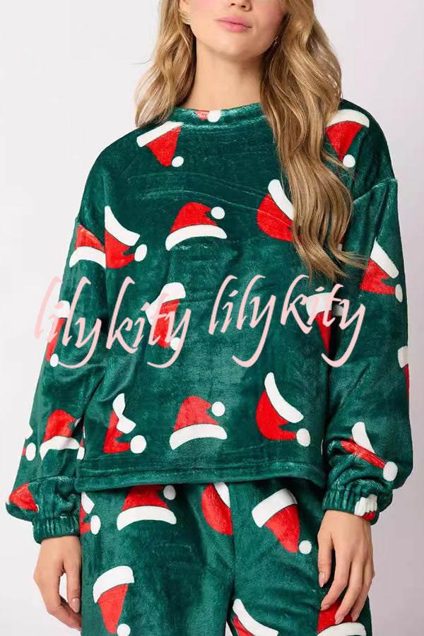 Christmas Printed Crew Neck Long Sleeve Top and Elastic Waist Loose Pants Set