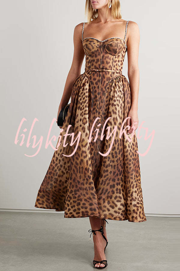 Unleash Your Wild Leopard Rhinestone Trim Back Smocked Midi Dress