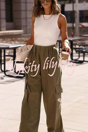 Great Week Pleated Elastic Waist Zipper Pocket Wide Leg Cargo Pants