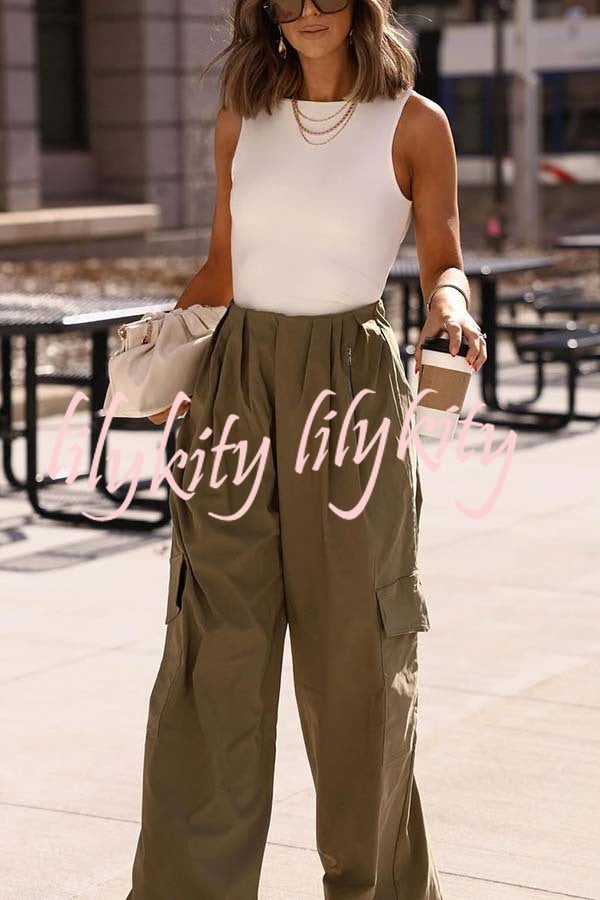 Great Week Pleated Elastic Waist Zipper Pocket Wide Leg Cargo Pants