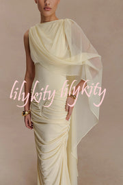 Fashionable Mesh Shawl Sleeveless Slim Fit Pleated Maxi Dress