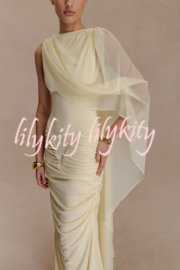 Fashionable Mesh Shawl Sleeveless Slim Fit Pleated Maxi Dress