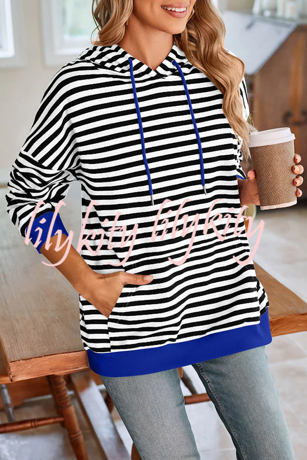 Striped Print Long Sleeve Pocket Loose Hoodie