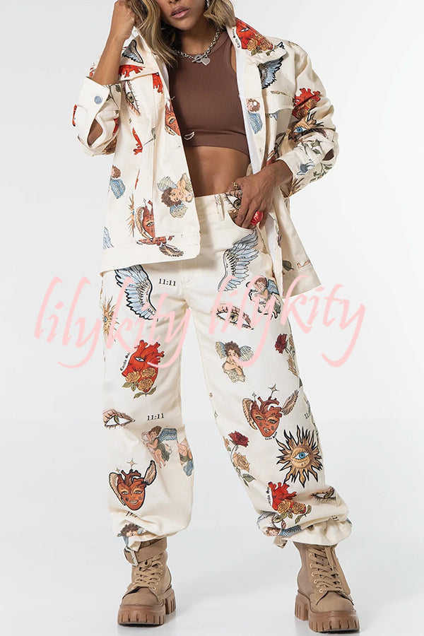 Angel Wings Denim Unique Print Mid Rise Pocket Loose Pants