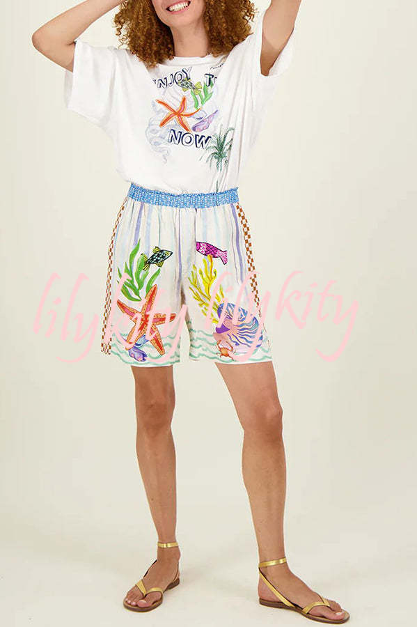 Coastal Seashell Satin Unique Print Pocket Loose Shirt and Elastic Waist Shorts Set