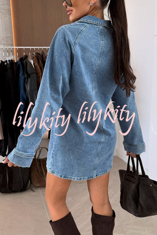 Fashion Lapel Long Sleeve Loose Denim Mini Dress