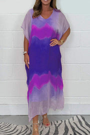 Fashion Tie-dye Casual V-neck Short-sleeved Loose Maxi Dress
