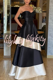 Vivian Satin Contrast Color Sweetheart Bandeau Neck Pocket Layered Maxi Dress