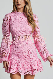 Solid Color Hollow Long-sleeved Waisted Lace Mini Dress