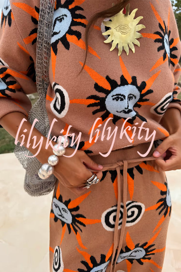 Mediterranean Art Knit Unique Sun Vortex Print Elastic Waist Wide Leg Pants