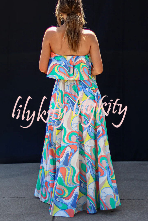 Like Fine Art Printed Strapless Elastic Waist Maxi Dress