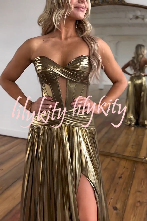 Dazzling Metallic Fabric Cross Strapless Cutout Slit Pleated Maxi Dress