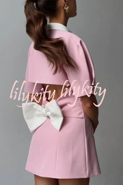 Seasonal Cheer Pearl Button Puff Sleeve Backless Bow Lapel Mini Dress