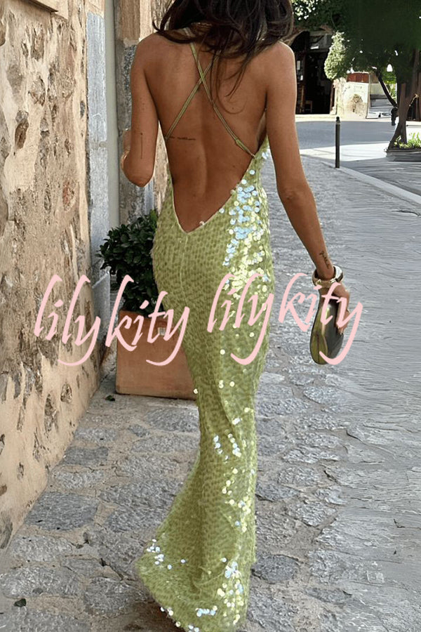 Fashionable Sequined Sexy Open Back Slim Maxi Dress
