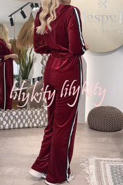 Logan Velvet Sporty Patchwork Zipper Elastic Waist Pocket Hooded Jumpsuit