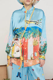 Vacation Flights Satin Unique Print Button Down Oversized Blouse