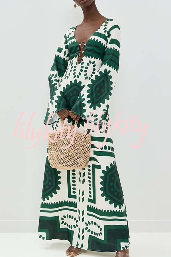 Holiday Fashion Unique Print Front Center Hollow Ring Long Sleeve Maxi Dress