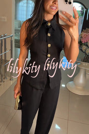 Fashion Lapel Sleeveless Button Vest and Casual Straight-leg Suit Pants Set