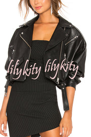 Fashion Lapel Long Sleeve Casual Zipper Pocket Leather Jacket