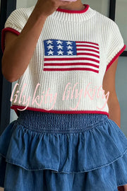 Independence Day Casual Crew Neck Short Sleeve Knit Sweater