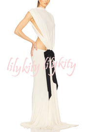 Sexy Open Back Bow Embellished Elegant Fishtail Maxi Dress