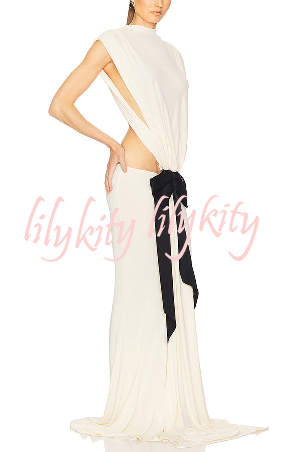 Sexy Open Back Bow Embellished Elegant Fishtail Maxi Dress