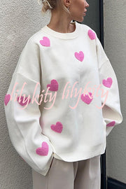 Fashionable Embroidered Love Loose Round Neck Long Sleeve Knitted Sweater