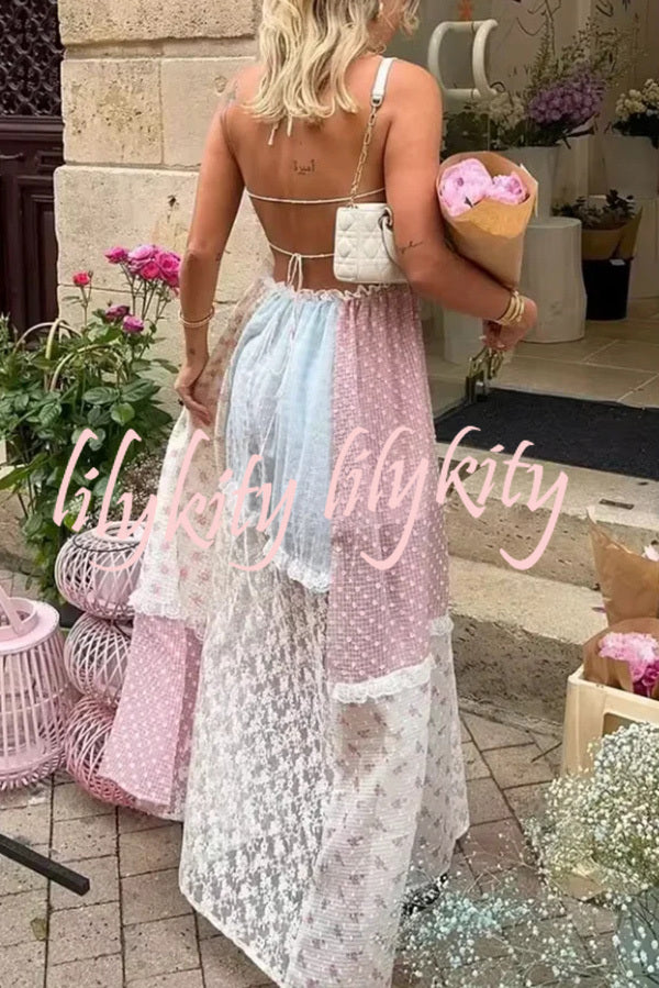 Floral Lace Sexy Halterneck Backless Patchwork Maxi Dress