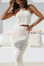 Solid Knit Hollow Halter Top and Stretch Fit Maxi Skirt Set