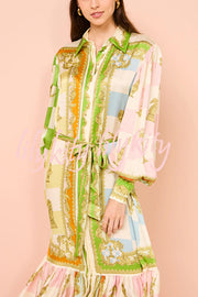 Garden Party Satin Unique Print Balloon Sleeve Belted Shirt Maxi Dress