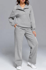 Solid Color Long-sleeved Lapel Sports Sweatshirt and Elastic Waist Casual Pocket Pants Set