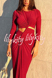 Solid Color Round Neck Long Sleeve Sexy Exposed Waist Slit Maxi Dress