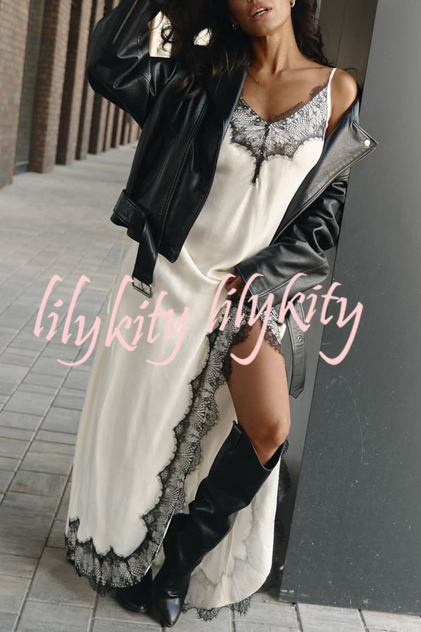 Breezy City Fall SatinLace Petal Trim Slip Tie-up H-line Slit Maxi Dress