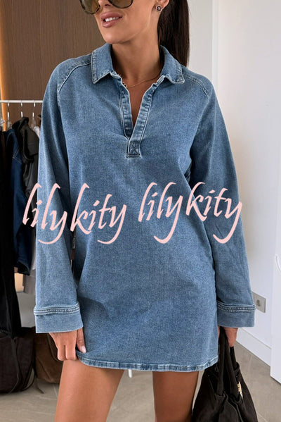 Fashion Lapel Long Sleeve Loose Denim Mini Dress