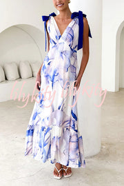 Unique Printed V-neck Sleeveless Lace-up Waist Maxi Dress