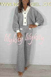 Fashion Contrast Color V-neck Loose Cardigan and Elastic Waist Casual Pants Set
