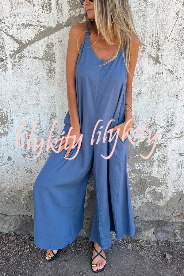 Linen Blend Solid Color Suspenders Loose Pockets Casual Wide-leg Jumpsuit