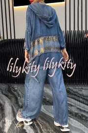 Fashion Loose Hooded Leopard Print Pocket Top and Casual Wide-leg Pants Set