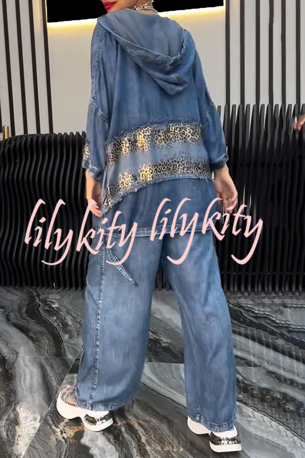 Fashion Loose Hooded Leopard Print Pocket Top and Casual Wide-leg Pants Set