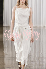 Sculptural Effect Linen Blend Twisted Shoulder Strap Drape Maxi Dress