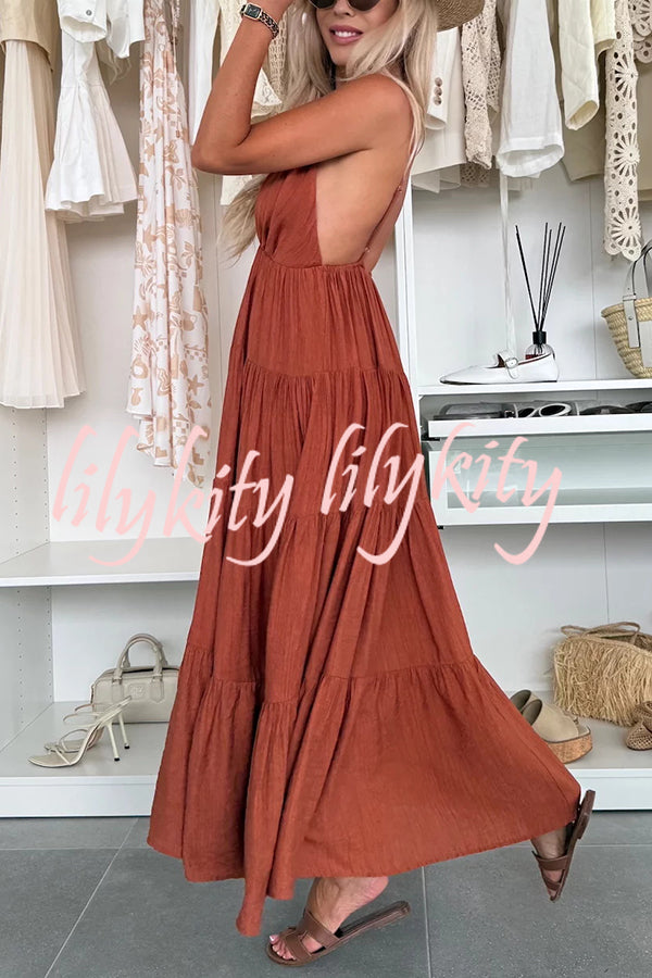 Bohemian Style V-neck Backless Slip Layered Vacation Maxi Dress