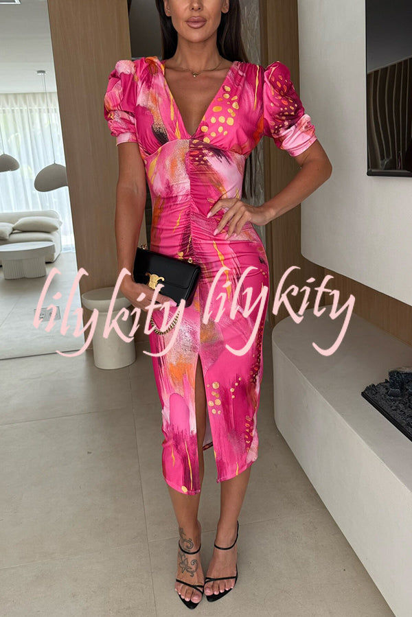 Unique Print V-Neck Puff Sleeve Slit Slim Midi Dress