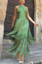 Fashion Sleeveless Halter Neck Elegant Tassel Slim Maxi Dress