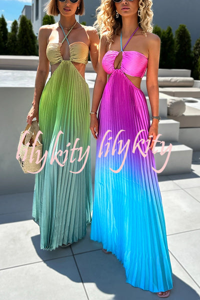 Get Ready Beautiful Gradient Print Cutout Halterneck Pleated Maxi Dress