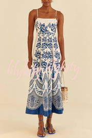 Villa Vacation Floral Ethnic Print Back Smocked Loose Midi Dress