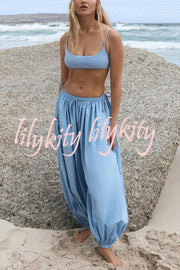 Solid Color Casual Pocket Elastic Waist Lantern Wide Leg Pants