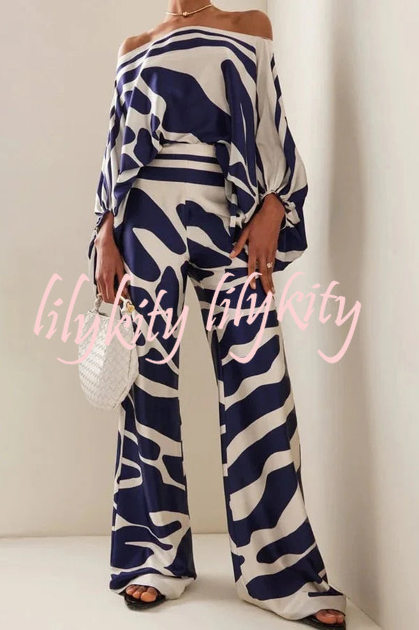 Coco Satin Unique Print Off Shoulder Dolman Sleeve Top and Loose Wide Leg Pants Set